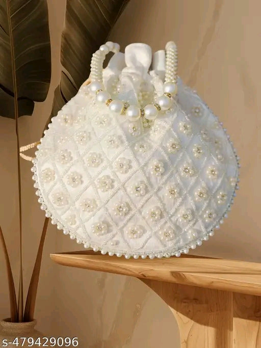 🌸White Heavy Pearl Work Potli Bag – Timeless Grace & Glamour
 🌸