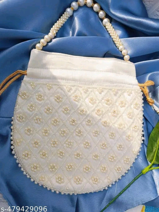 🌸White Heavy Pearl Work Potli Bag – Timeless Grace & Glamour
 🌸