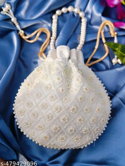 🌸White Heavy Pearl Work Potli Bag – Timeless Grace & Glamour
 🌸